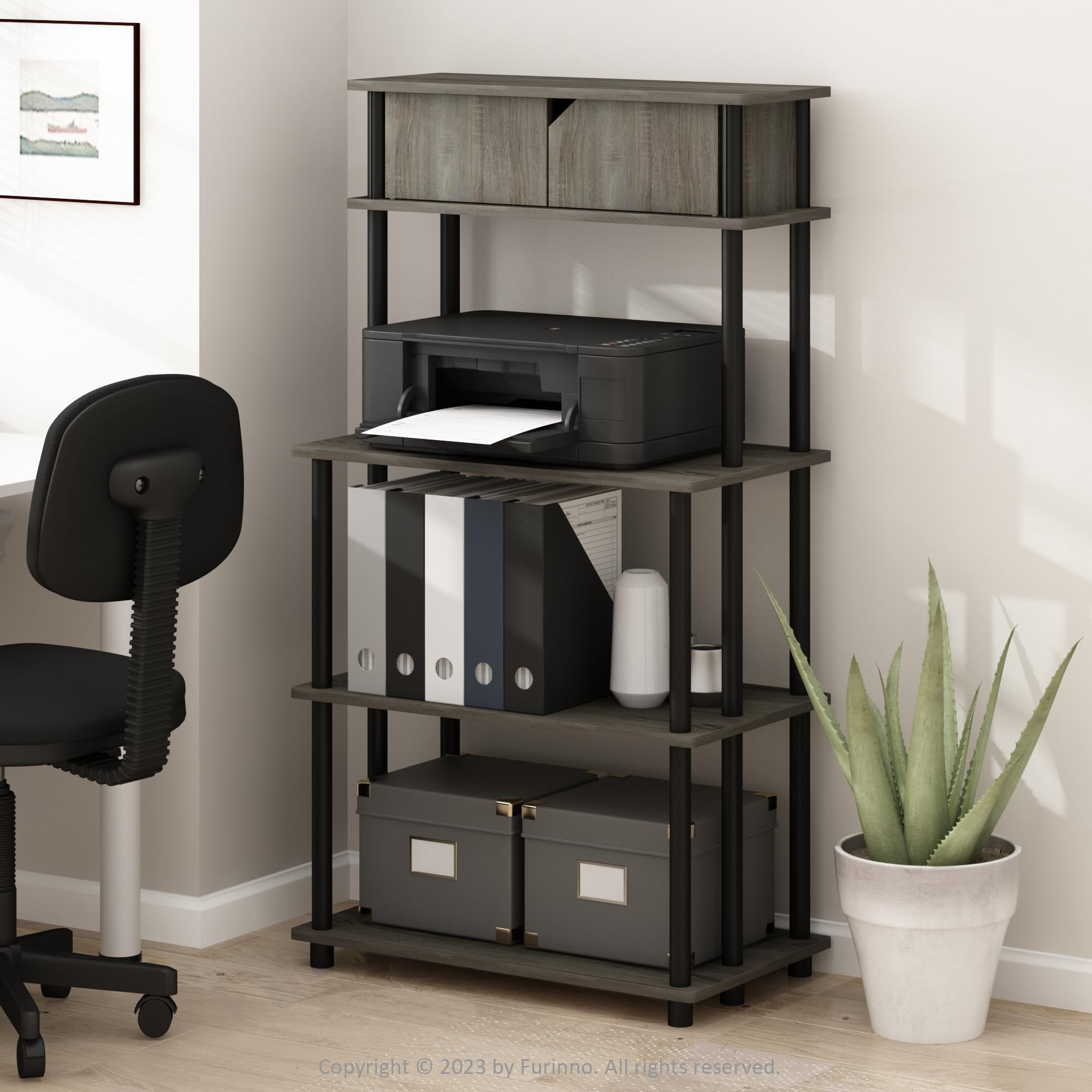 Furinno Turn-N-Tube Toolless Multipurpose Printer Stand Display Storage Shelf With Top Cabinet, French Oak Grey/Black